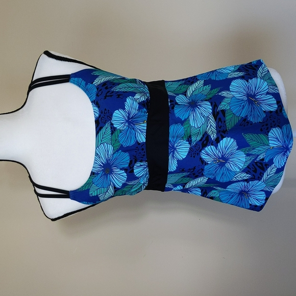 Tropical Escape Floral Strappy Padded Tankini Swim Top 10 Blue Green - Picture 2 of 14